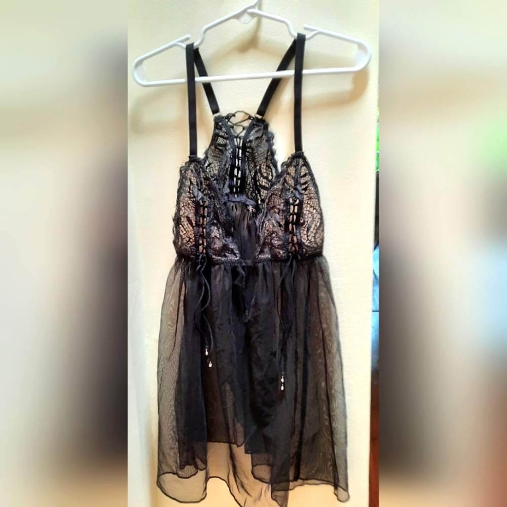 Vintage circa 2015 Victoria's Secret Lace Mesh Babydoll Body, Black, S, EUC
